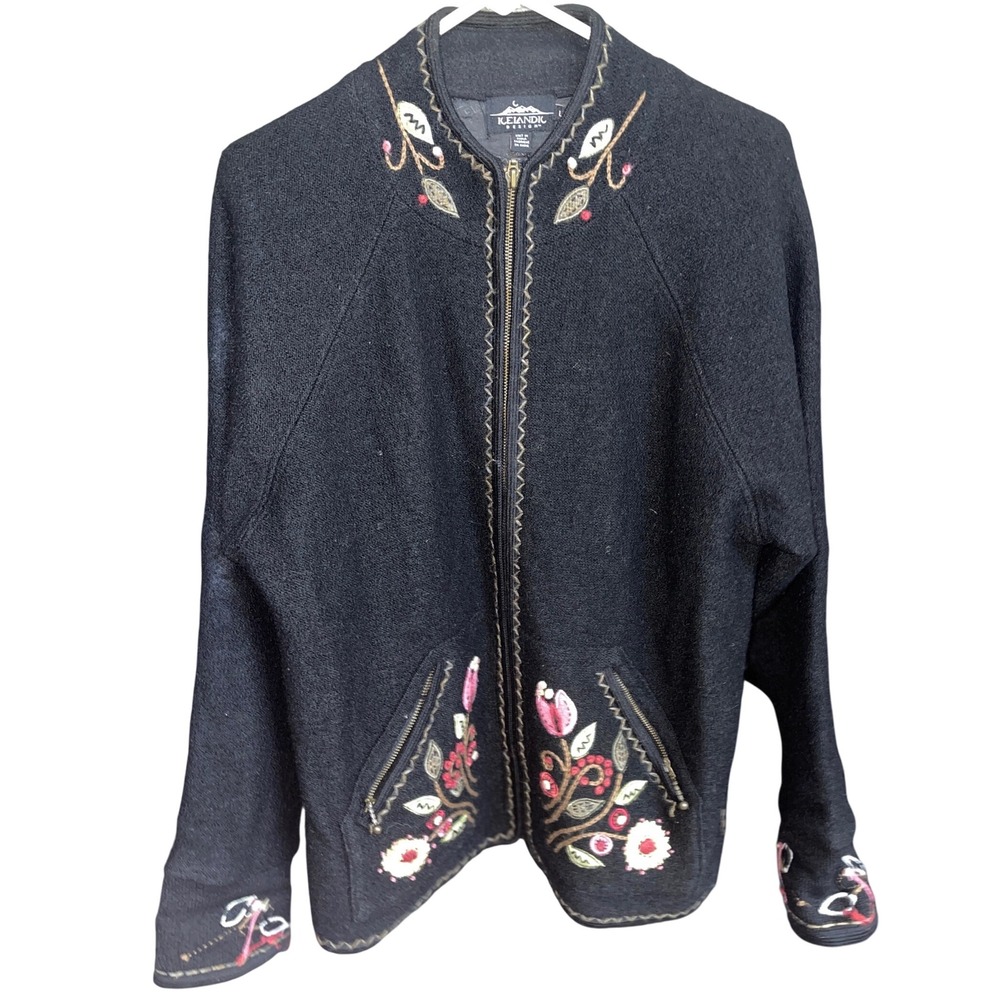 Icelandic Designs Black Wool Floral Embroidered‎ Zip Front Sweater Jacket L